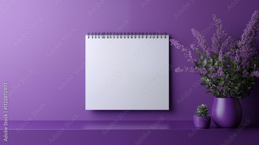 Fototapeta premium Minimalist Purple Workspace With Notebook and Lavender Decor Ele