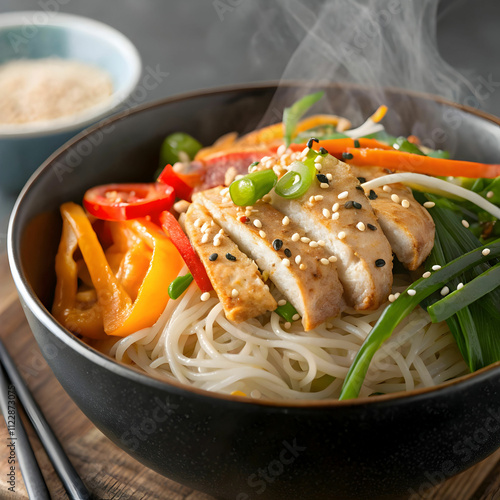 rice noodles with chicken and vegetables photo