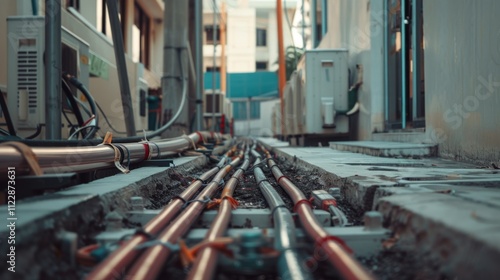 A trench filled with colorful, orderly cables creates a striking contrast against the industrial cityscape backdrop. photo