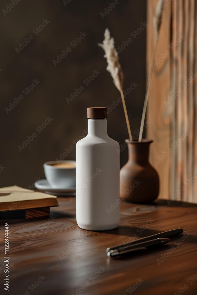 White Bottle with Wooden Cap Rests on Table Near Coffee and Book, Minimalist Still Life Aesthetic. White Bottle with Wooden Cap Rests on Table Near Coffee and Book, Minimalist Still Life Aesthetic.