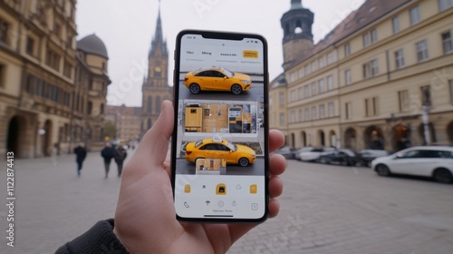 Hand holding smartphone displaying yellow taxi app in historic city square during cloudy day photo