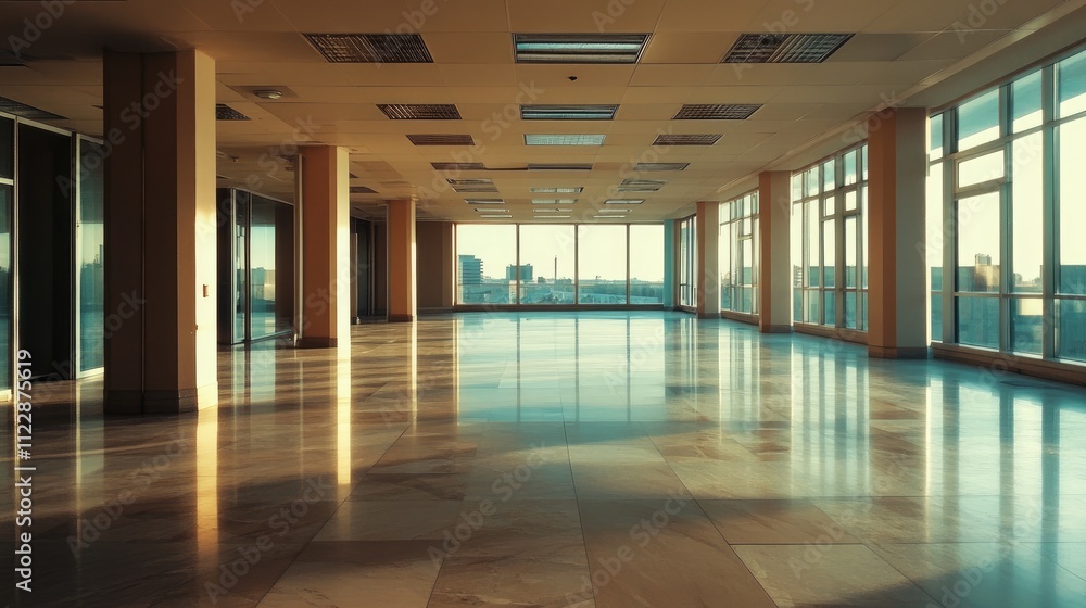 Naklejka premium Empty modern office with large windows offering panoramic city view.
