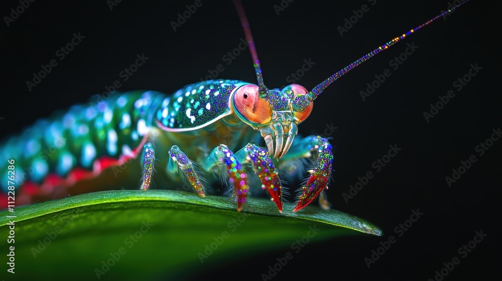 Naklejka premium Colorful Macro Shot of a Vibrant, Iridescent Insect on Leaf