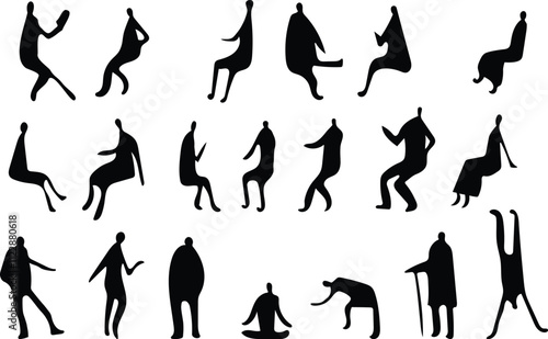 Vector, isolated silhouette of sitting standing people, adult man, girl and children