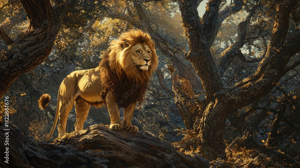 Majestic Lion Prowling in Sunlit Forest Landscape Setting Majestic Lion Prowling in Sunlit Forest Landscape Setting