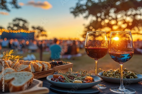 Romantic Outdoor Sunset Picnic with Red Wine, Fresh Breads, Cheeses, and Olives in a Beautiful Setting with Warm Evening Colors and Soft Lighting photo