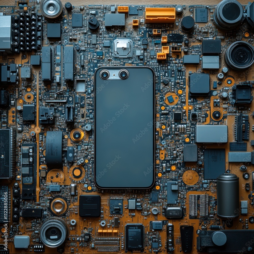 Fototapeta premium A smartphone surrounded by various electronic components on a circuit board.