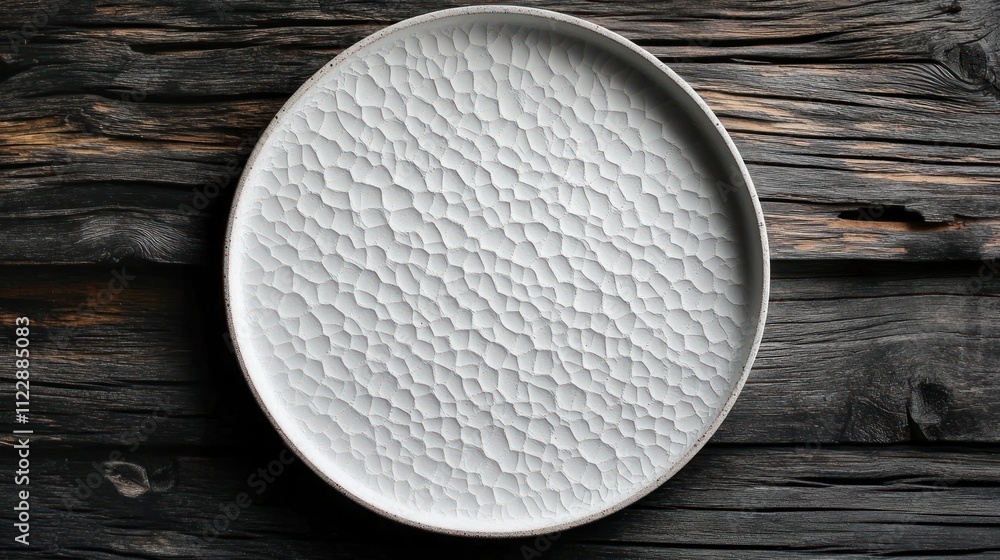 A textured white plate on a rustic wooden surface, showcasing minimalist design. A textured white plate on a rustic wooden surface, showcasing minimalist design.