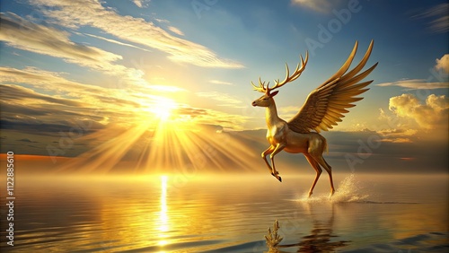 Majestic Deer with Wings at Sunset Over Water photo