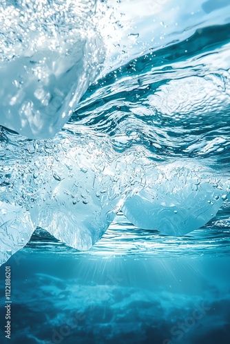 Submerged glacier underwater view, detailed ice crystalline structures, deep ocean blue background, revealing hidden underwater architecture photo