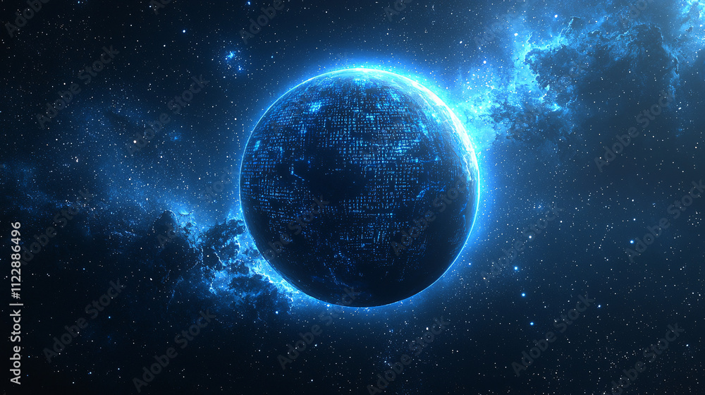 Obraz premium A glowing planet made of intricate data and code, illuminated with vibrant blue light, set against a futuristic background, symbolizing digital innovation and technology.