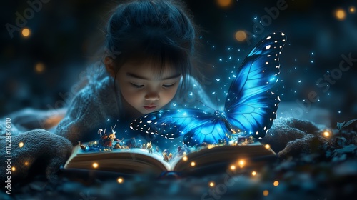 Enchanting night: child and glowing blue butterfly over magical book