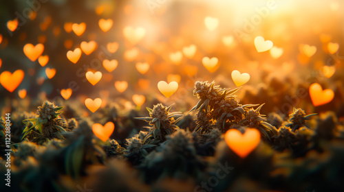 Heap of marijuana buds with colorful hearts background, postcard mockup for St. Valentine's day photo