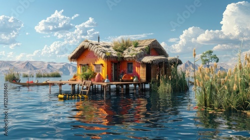A rustic wooden cabin resting atop stilts in a serene lake surrounded by a lush tropical landscape  The reflection of the cabin and its natural surroundings create a peaceful and picturesque scene