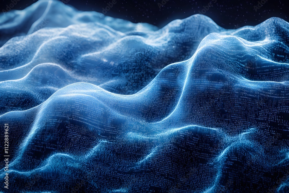 Digital wave resembling ocean surf with binary matrix design glowing under dark sky Digital wave resembling ocean surf with binary matrix design glowing under dark sky