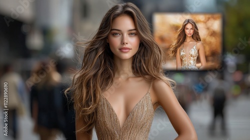 A captivating street scene featuring a massive digital billboard advertising a luxury perfume. The ad shows a glamorous model in an elegant dress surrounded by gold accents, with a tagline prominently