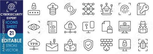 A set of line icons related to Cybersecurity Expert. Password, cloud security, network, alert, biometric, security, hacker, malware, and so on. Vector editable stroke.