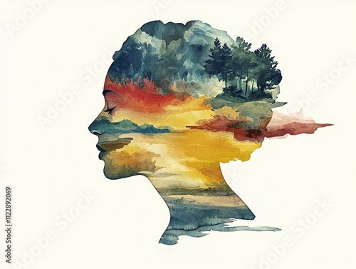 Abstract human profile with mental landscape showing personal history, memories blending like watercolor paintings, introspective storytelling concept photo