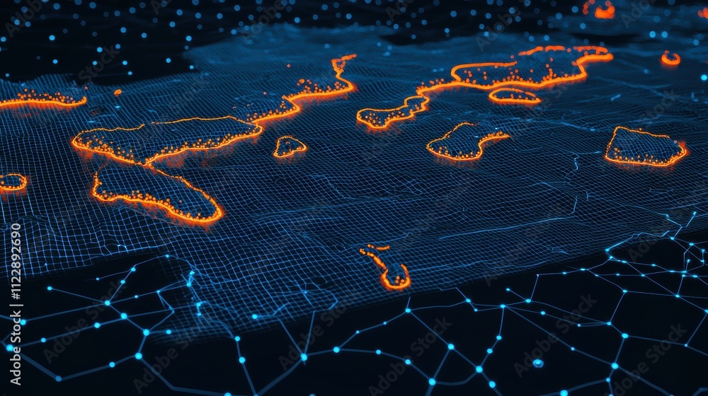 Obraz premium Digital Network Map with Orange Highlights and Blue Nodes