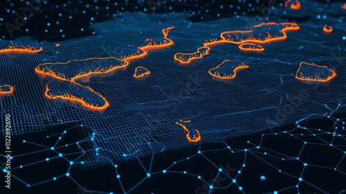 Digital Network Map with Orange Highlights and Blue Nodes