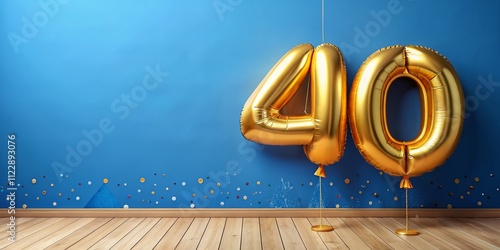 Elegant 40th Anniversary Celebration with Golden Balloon on Blue Background - Festive Banner Design for Milestone Events and Parties photo