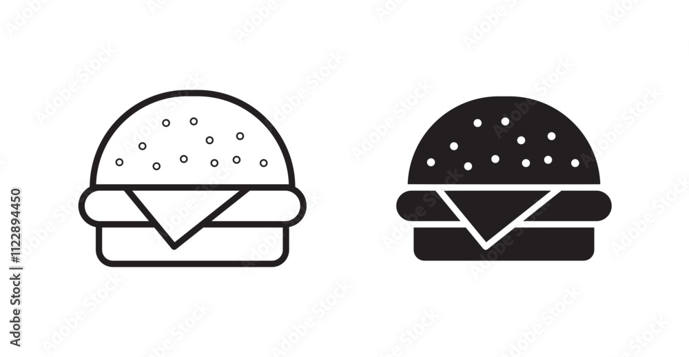 Fototapeta premium Burger outlined and solid icon vector collection.