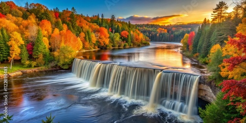 A Stunning Sunset at Tahquamenon Falls with Autumn Foliage Reflections in Tranquil Waters - Capturing Nature's Beauty in Vibrant Colors and Serene Atmosphere photo