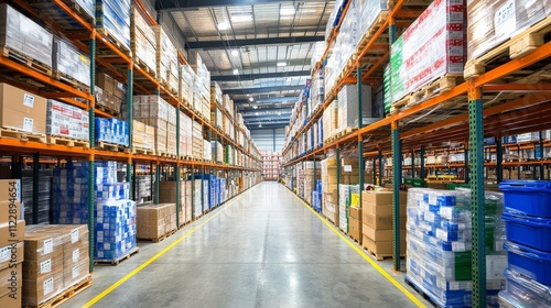 Automated supply chain with digital traceability solutions, featuring a modern logistics warehouse environment photo