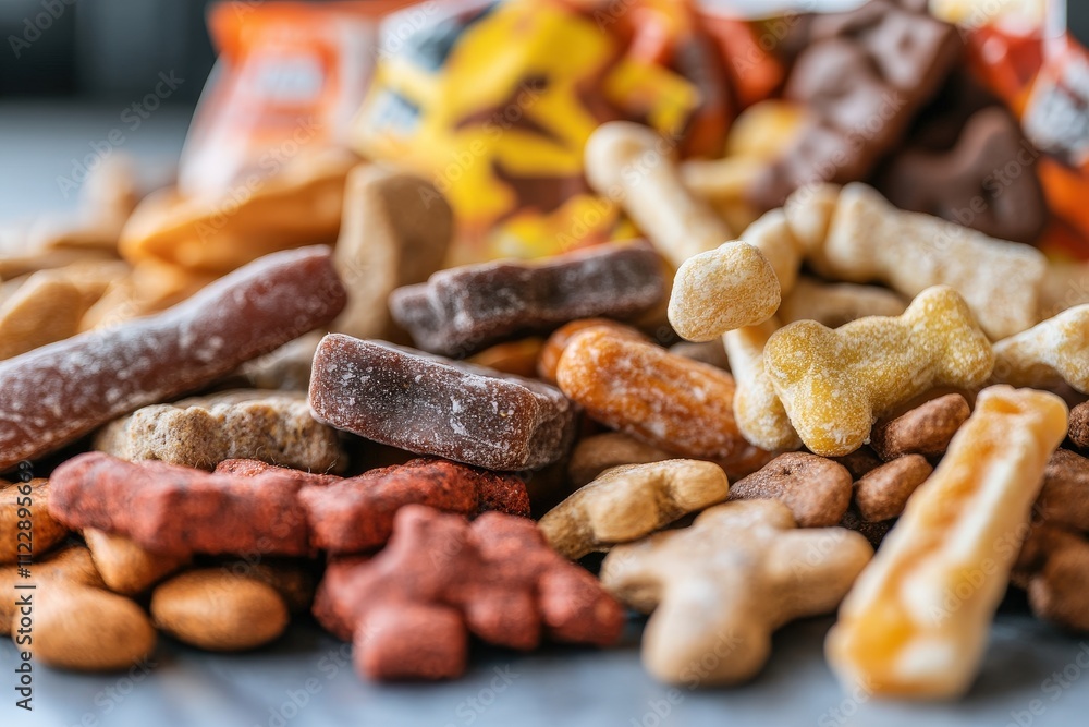 Fototapeta premium Enticing Arrangement of Various Pet Treats for Dogs and Cats in a Colorful Display on a Wooden Surface