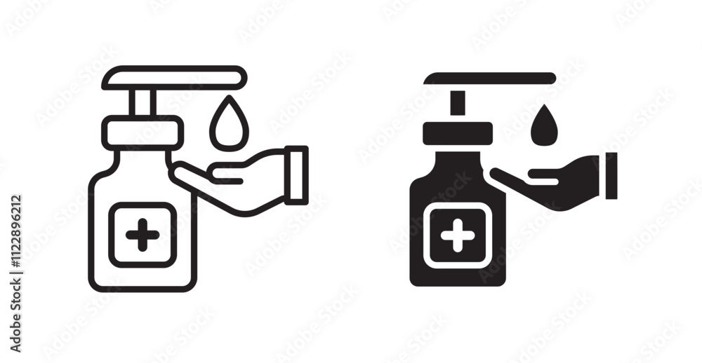 Obraz premium Hand sanitizer outlined and solid icon vector collection.