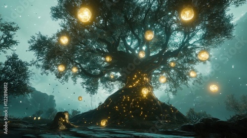 Enchanted Tree Glows with Magical Orb Lights at Night, Fantasy World photo