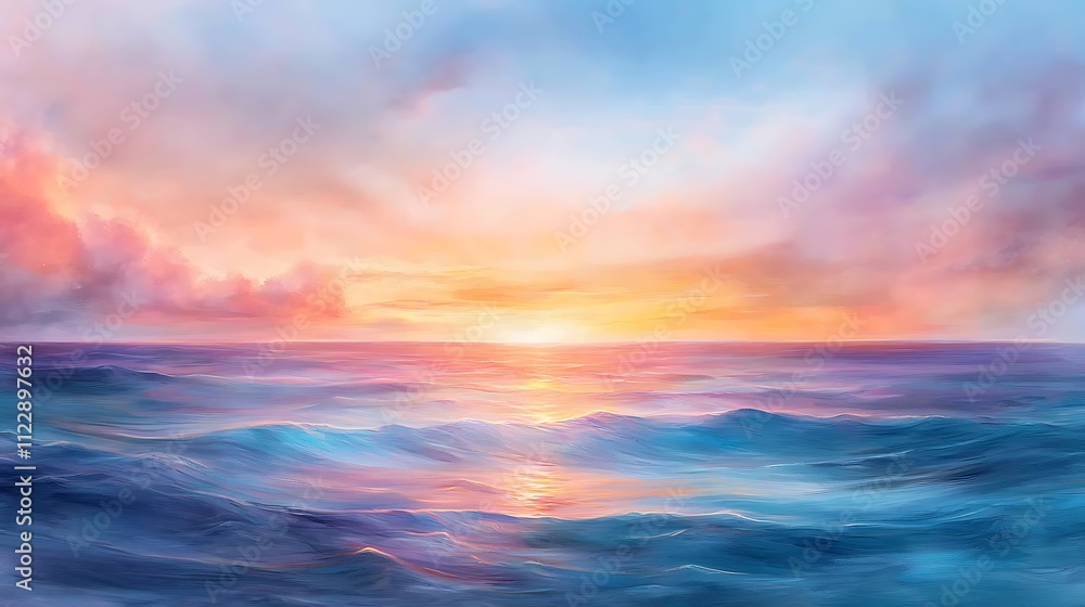 Obraz premium Serene sunrise over ocean waves a tranquil coastal landscape in digital art