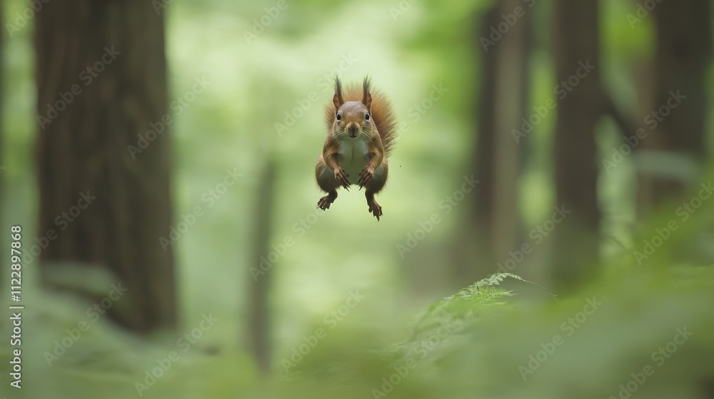 Obraz premium Red squirrel mid-leap in a lush forest.