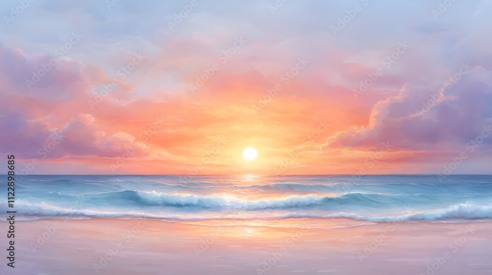 Vibrant skies and ocean waves a tranquil sunset serenity over the beachfront landscape Vibrant skies and ocean waves a tranquil sunset serenity over the beachfront landscape