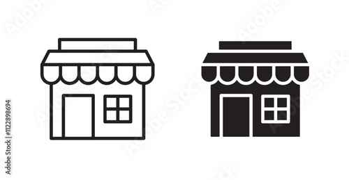 Shop outlined and solid icon vector collection.
