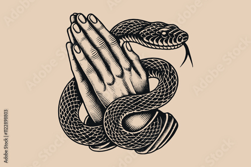 Praying hands wrapped with a snake, vintage black and white  engraving  tattoo art