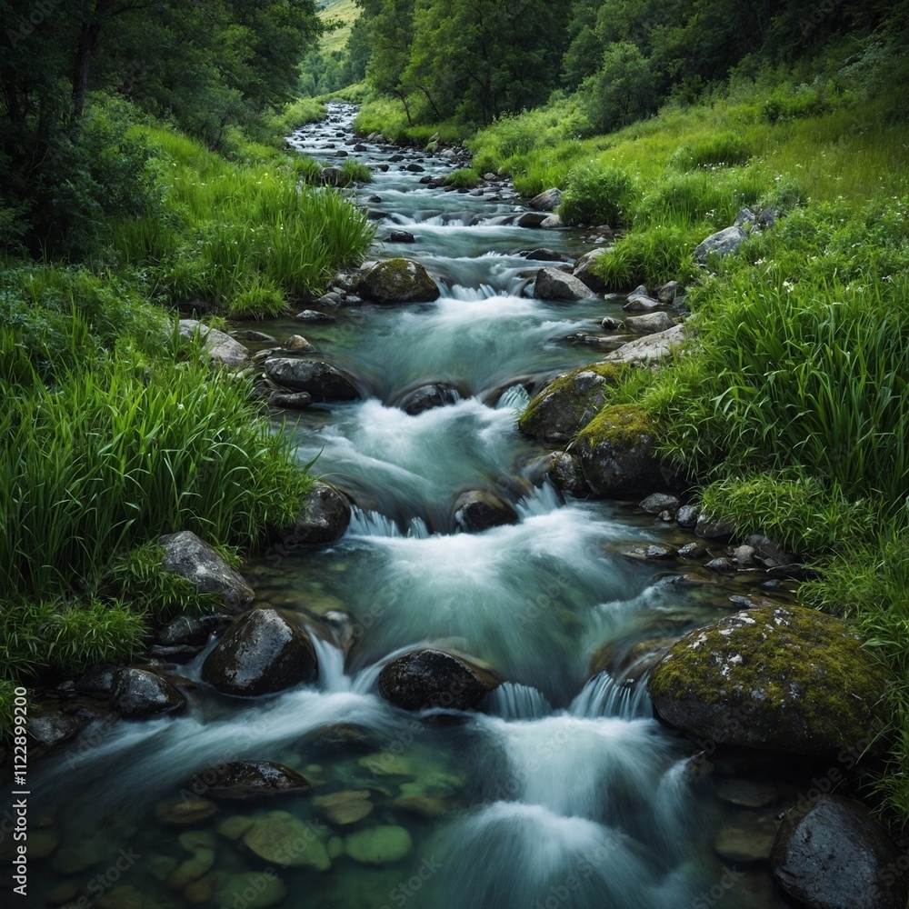 Fototapeta premium A crystal-clear mountain stream winding through a lush green valley.