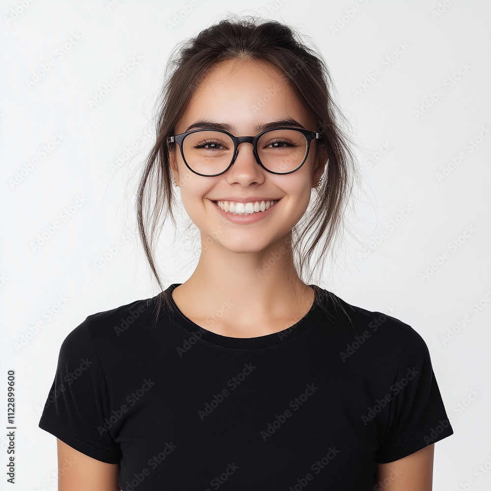 Portrait of a happy young woman wearing glasses and smiling at the camera, set against a white background. She is wearing a black t-shirt, and the lighting is natural, creating a soft color profile Portrait of a happy young woman wearing glasses and smiling at the camera, set against a white background. She is wearing a black t-shirt, and the lighting is natural, creating a soft color profile