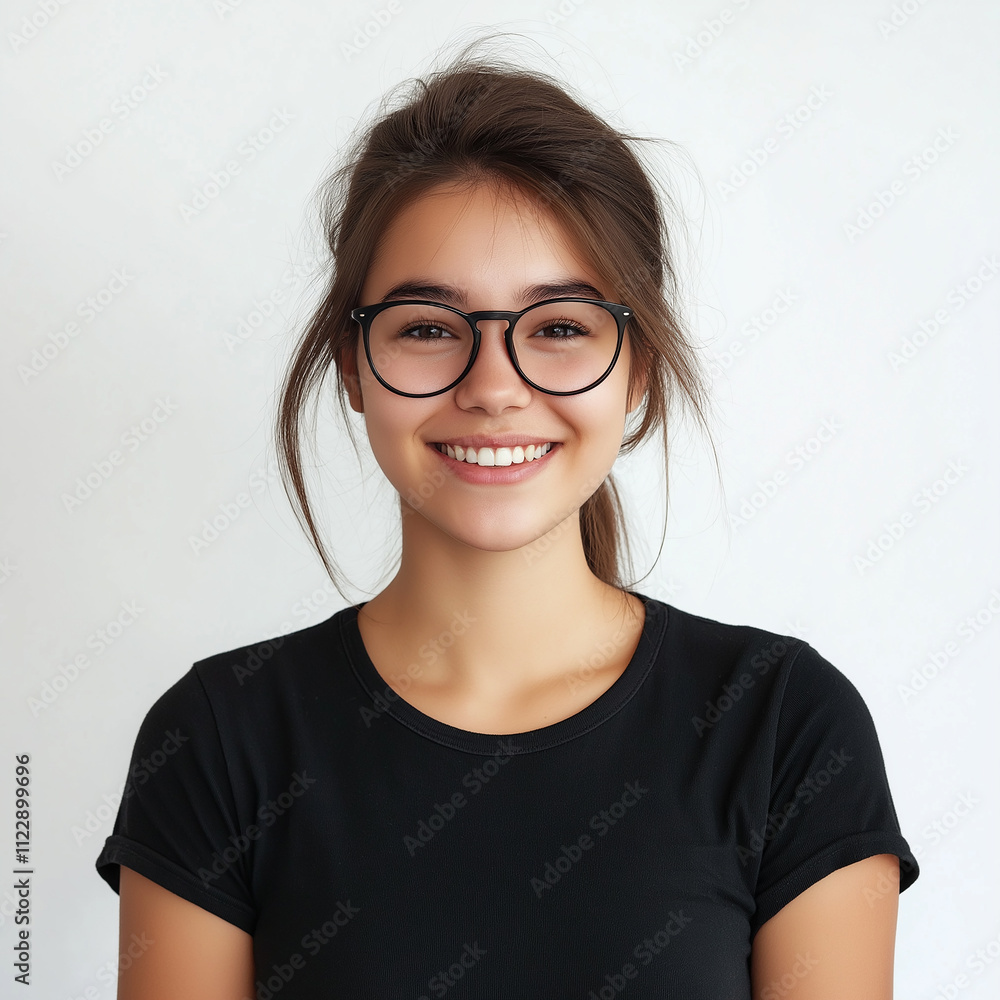 Fototapeta premium Portrait of a happy young woman wearing glasses and smiling at the camera, set against a white background. She is wearing a black t-shirt, and the lighting is natural, creating a soft color profile