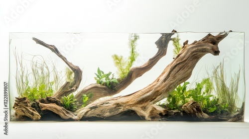 A beautifully arranged aquascape featuring driftwood and aquatic plants. photo