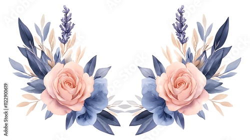 Elegant botanical art soft rose and lavender floral arrangement in nature-inspired design photo