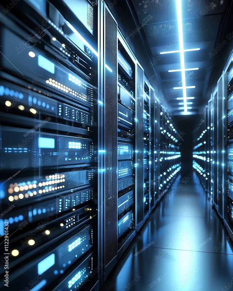 Obraz premium Futuristic Data Center Interior with Blue LED Lights and Servers