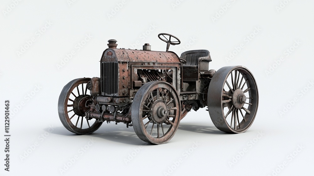 Fototapeta premium 3D model of a vintage tractor with metal wheels, industrial farming, white background