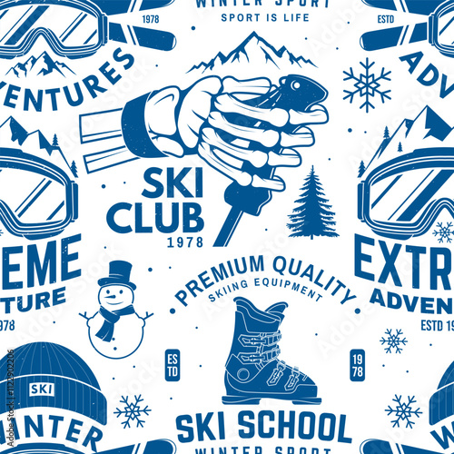 Set of ski sport club seamless pattern design. Background, wallpaper, seamless pattern with skeleton hand holding ski pole, skis, ski glasses and helmet. Vector illustration.