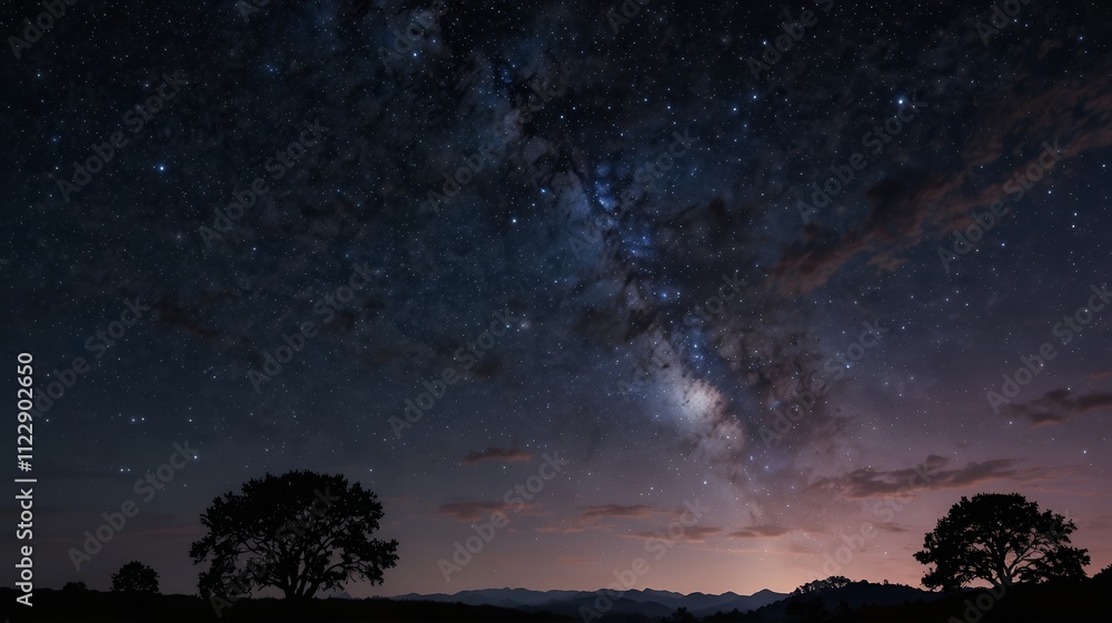 星空とシルエットの木が広がる静寂な夜の風景 | Serene Nightscape with Starry Sky and Tree Silhouettes 星空とシルエットの木が広がる静寂な夜の風景 | Serene Nightscape with Starry Sky and Tree Silhouettes
