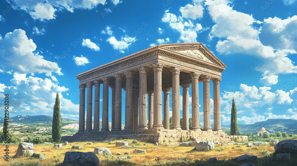 Obraz premium An ancient Roman temple with columns, standing proudly against a blue sky with scattered clouds.