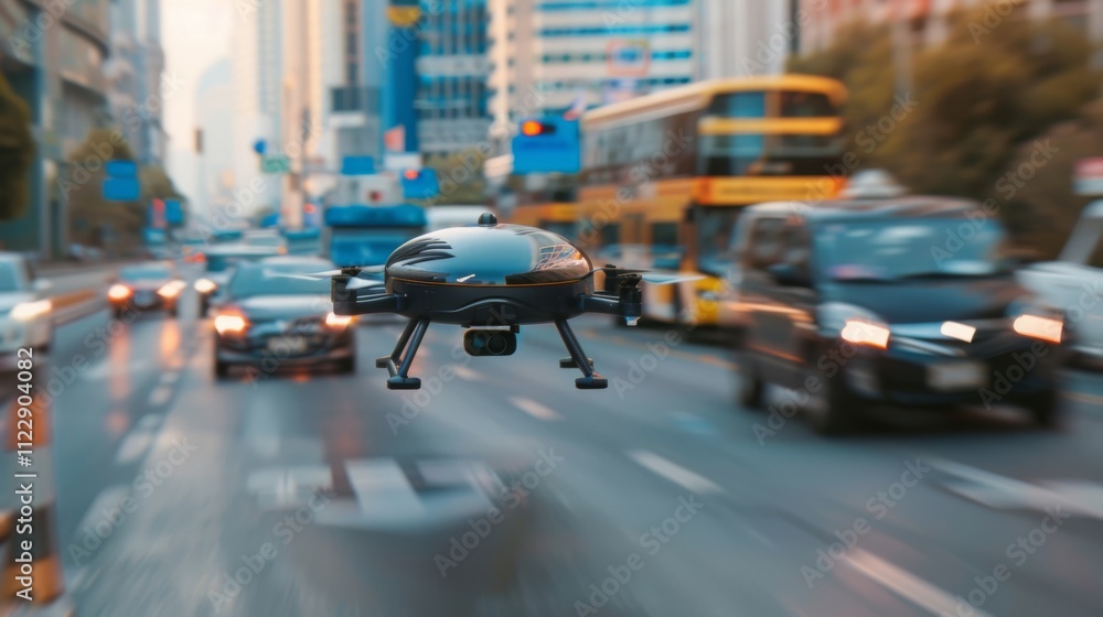 Obraz premium A futuristic drone hovers above a busy city street, highlighting technological innovation against the backdrop of bustling urban life.