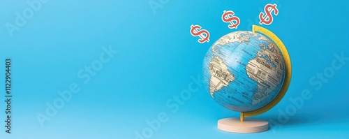 A vibrant globe with dollar symbols, representing global finance and economy, set against a bright blue background.