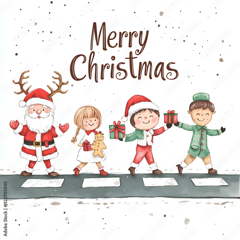 Fototapeta premium Watercolor Christmas Illustration of Santa and Kids Crossing Street