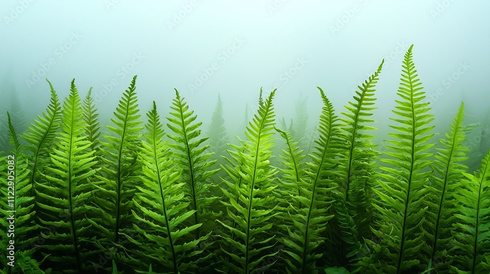 Fototapeta premium Fern Crisp Vital, Crisp and Bold Fern Fronds Against a Misty Forest Background,Portraying Ethereal Vitality